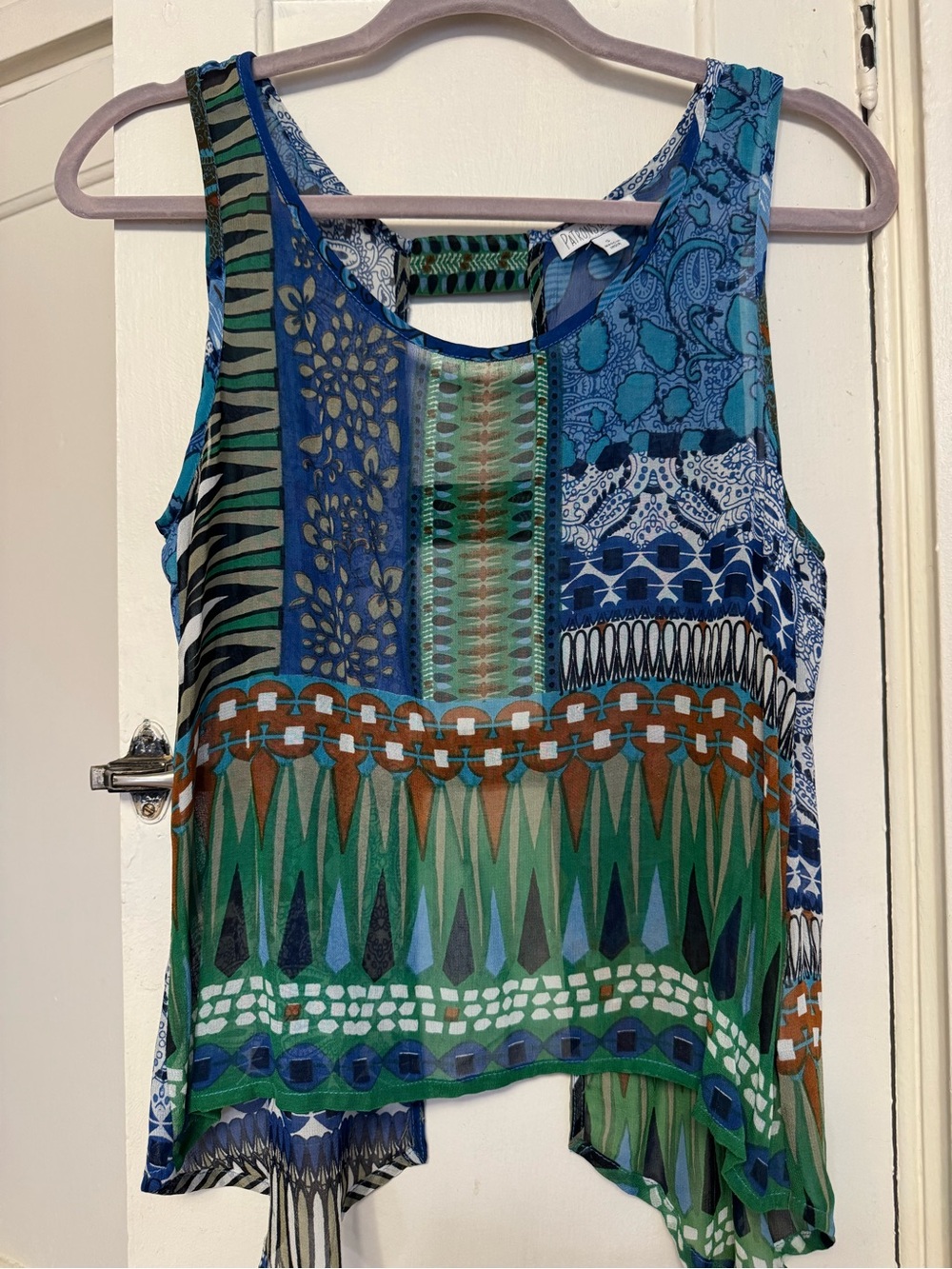 Patrons of Peace Boho Patchwork Blue Sheer Tank Top Small EUC Festival